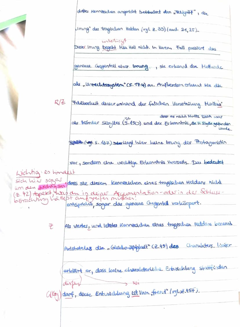 €
is
25
30
15
20
LK Deutsch, 2. Klausur
Literarische Erörterung
[...] Die tragische Wirkung tritt dadurch ein, daß der Held in der Handlung 