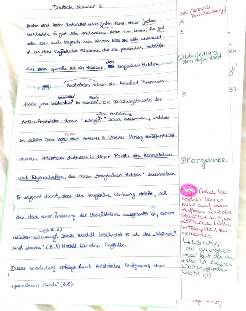 €
is
25
30
15
20
LK Deutsch, 2. Klausur
Literarische Erörterung
[...] Die tragische Wirkung tritt dadurch ein, daß der Held in der Handlung 