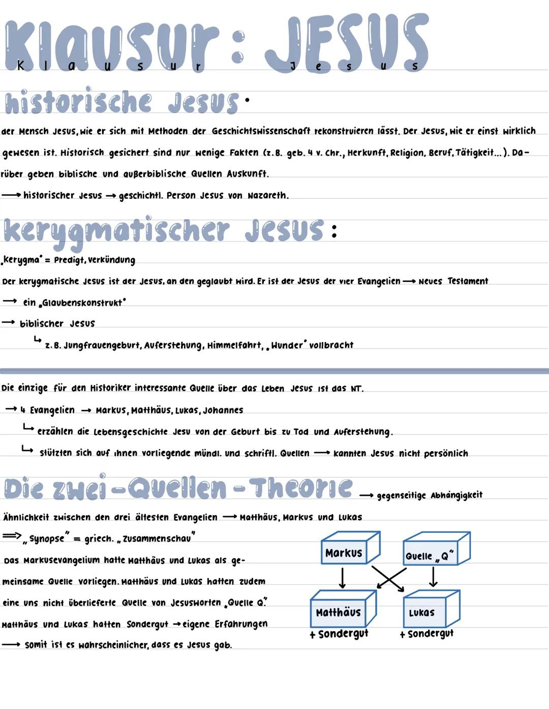 Klausur: JESUS
historische Jesus
der Mensch Jesus, wie er sich mit Methoden der Geschichtswissenschaft rekonstruieren lässt. Der Jesus, wie 