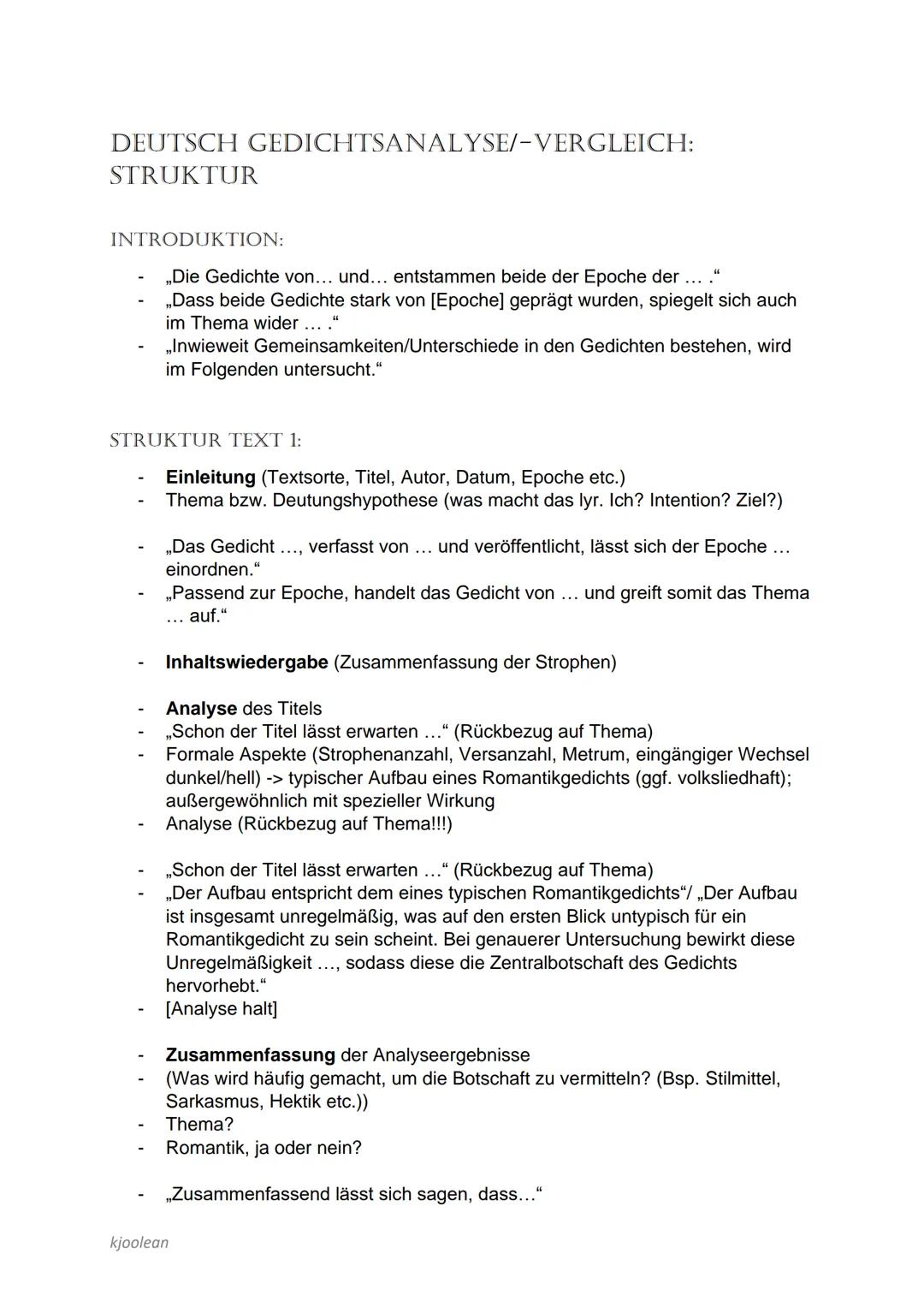 DEUTSCH GEDICHTSANALYSE/-VERGLEICH:
STRUKTUR
INTRODUKTION:
„Die Gedichte von... und... entstammen beide der Epoche der ... ."
„Dass beide Ge