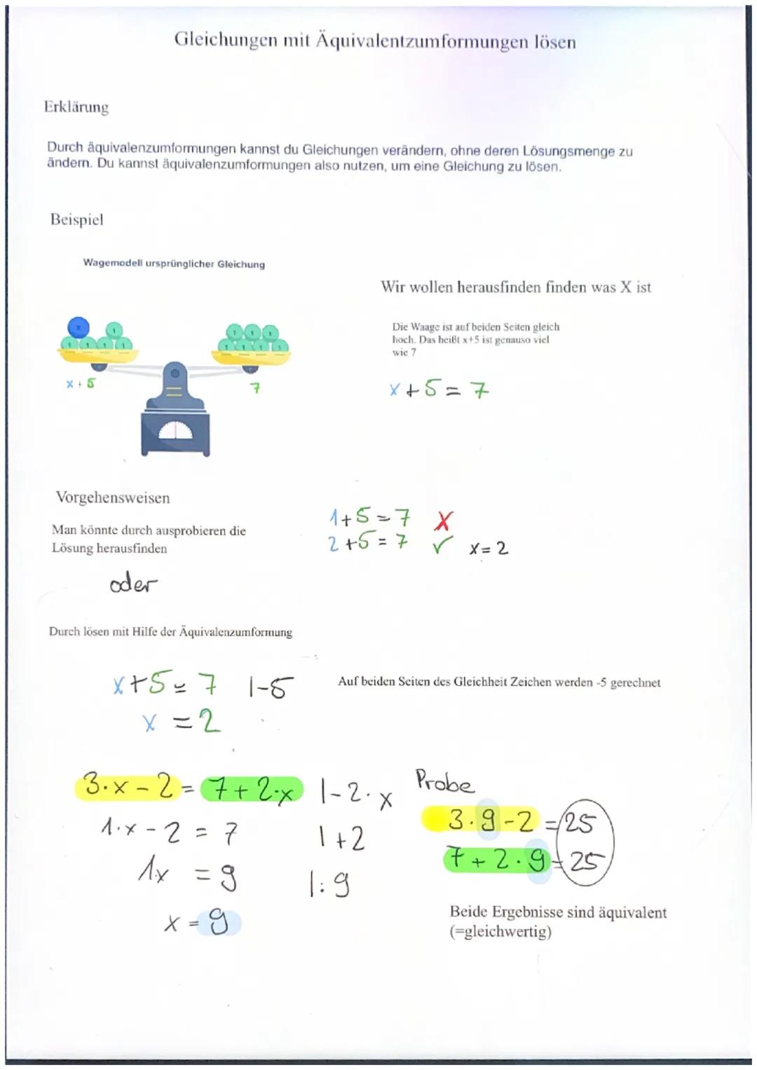 # Gleichungen mit Äquivalentzumformungen lösen

Erklärung

Durch äquivalenzumformungen kannst du Gleichungen verändern, ohne deren Lösungsme