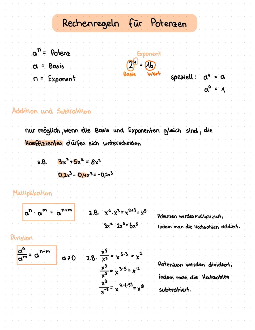 a = Potenz
a = Basis
n= Exponent
Addition und Subtraktion
Multiplikation
an
Division
=
Rechenregeln für Potenzen
2.B.
.
die
nur möglich, wen