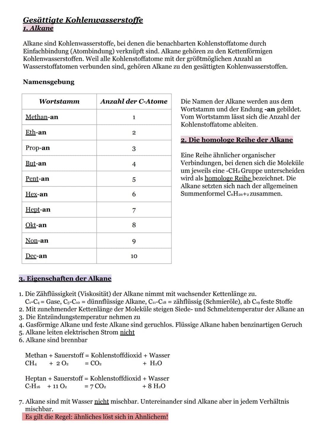 Gesättigte Kohlenwasserstoffe
1. Alkane
Alkane sind Kohlenwasserstoffe, bei denen die benachbarten Kohlenstoffatome durch
Einfachbindung (At