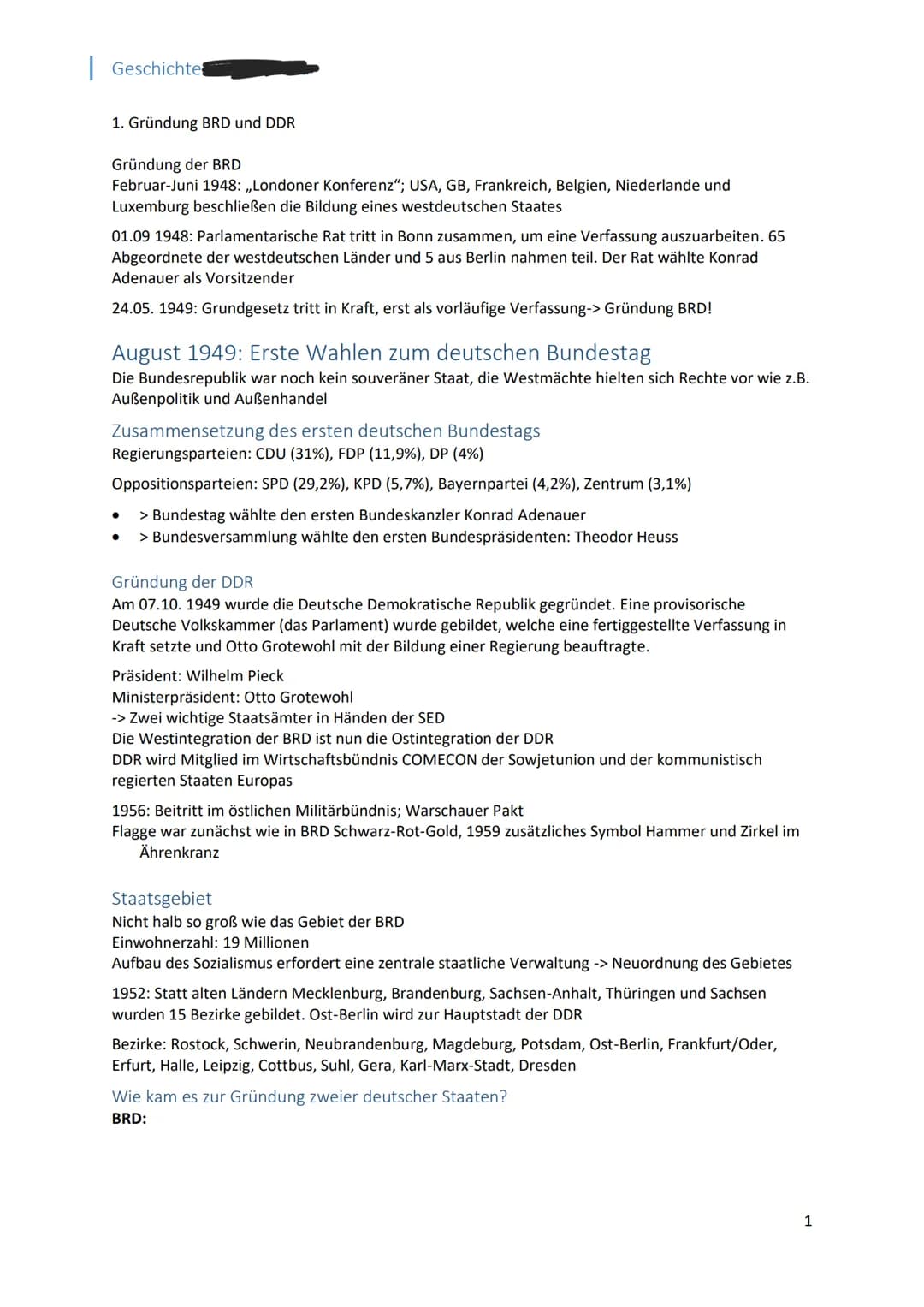 Geschichte
1. Gründung BRD und DDR
Gründung der BRD
Februar-Juni 1948: ,,Londoner Konferenz"; USA, GB, Frankreich, Belgien, Niederlande und
