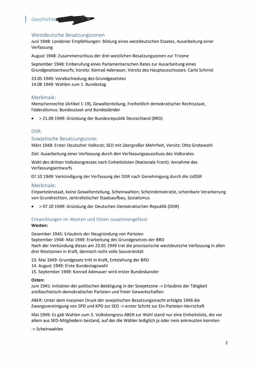 Geschichte
1. Gründung BRD und DDR
Gründung der BRD
Februar-Juni 1948: ,,Londoner Konferenz"; USA, GB, Frankreich, Belgien, Niederlande und

