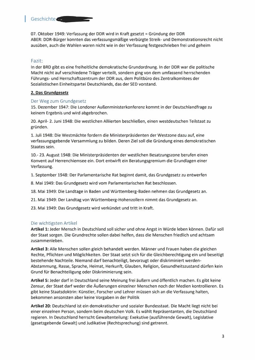 Geschichte
1. Gründung BRD und DDR
Gründung der BRD
Februar-Juni 1948: ,,Londoner Konferenz"; USA, GB, Frankreich, Belgien, Niederlande und
