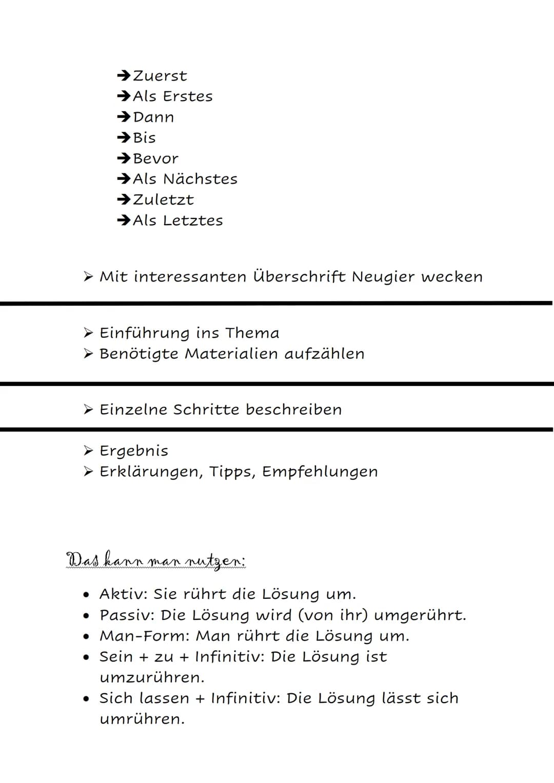 Vorgangsbeschreibung
Vorbereitung:
• sammeln von notwendigen Materialien
• Notizen zu Arbeitsschritten
Auswertung von Bildern
●
Schreiben:
•