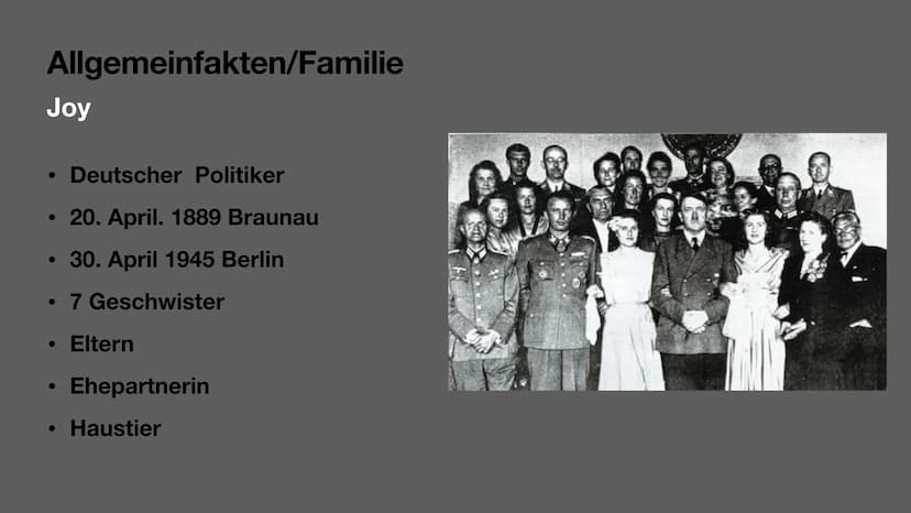 Hitler Biografie
Adolf Hitler
von Amy und Joy Gliederung
Biografie
Allgemeinfakten/Familie (J)
• Kindheit (A)
Jugend (J)
1. Weltkrieg (A)
Po