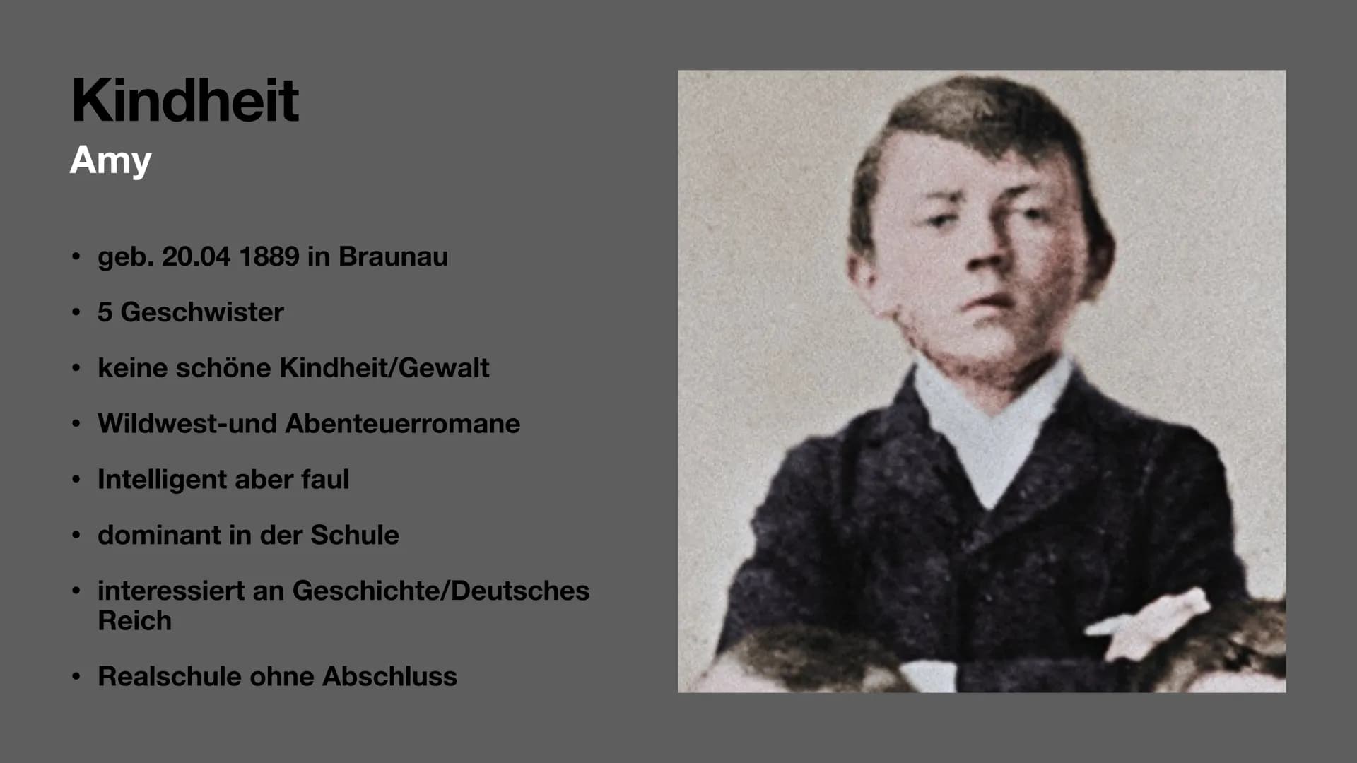 Hitler Biografie
Adolf Hitler
von Amy und Joy Gliederung
Biografie
Allgemeinfakten/Familie (J)
• Kindheit (A)
Jugend (J)
1. Weltkrieg (A)
Po