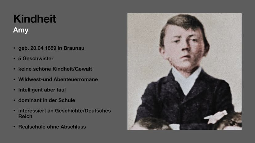 Hitler Biografie
Adolf Hitler
von Amy und Joy Gliederung
Biografie
Allgemeinfakten/Familie (J)
• Kindheit (A)
Jugend (J)
1. Weltkrieg (A)
Po