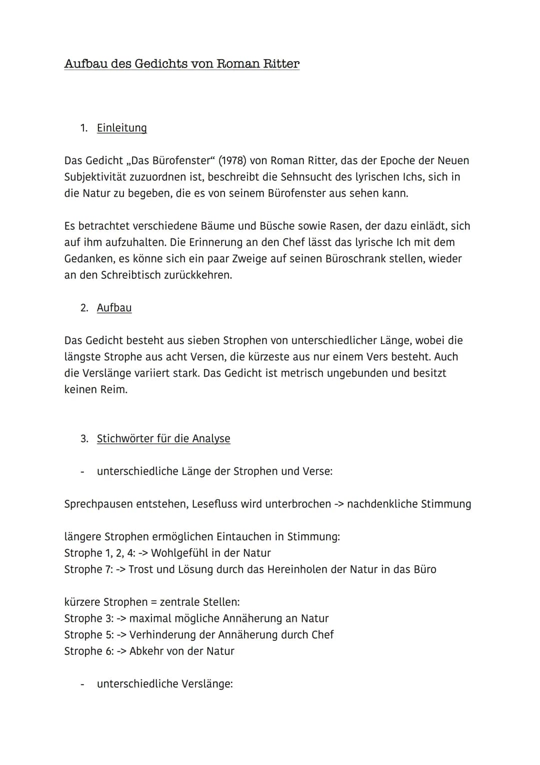 Aufbau des Gedichts von Roman Ritter
1. Einleitung
Das Gedicht ,,Das Bürofenster" (1978) von Roman Ritter, das der Epoche der Neuen
Subjekti