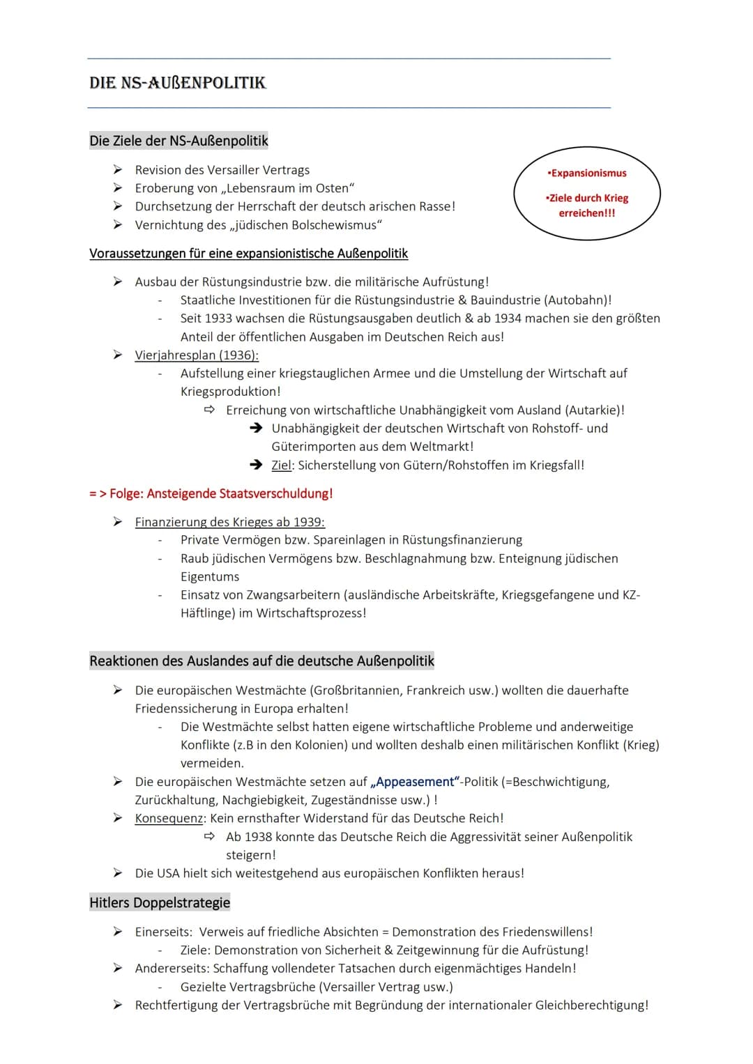 DIE NS-AUBENPOLITIK
Die Ziele der NS-Außenpolitik
Revision des Versailler Vertrags
Eroberung von ,,Lebensraum im Osten"
➤ Durchsetzung der H