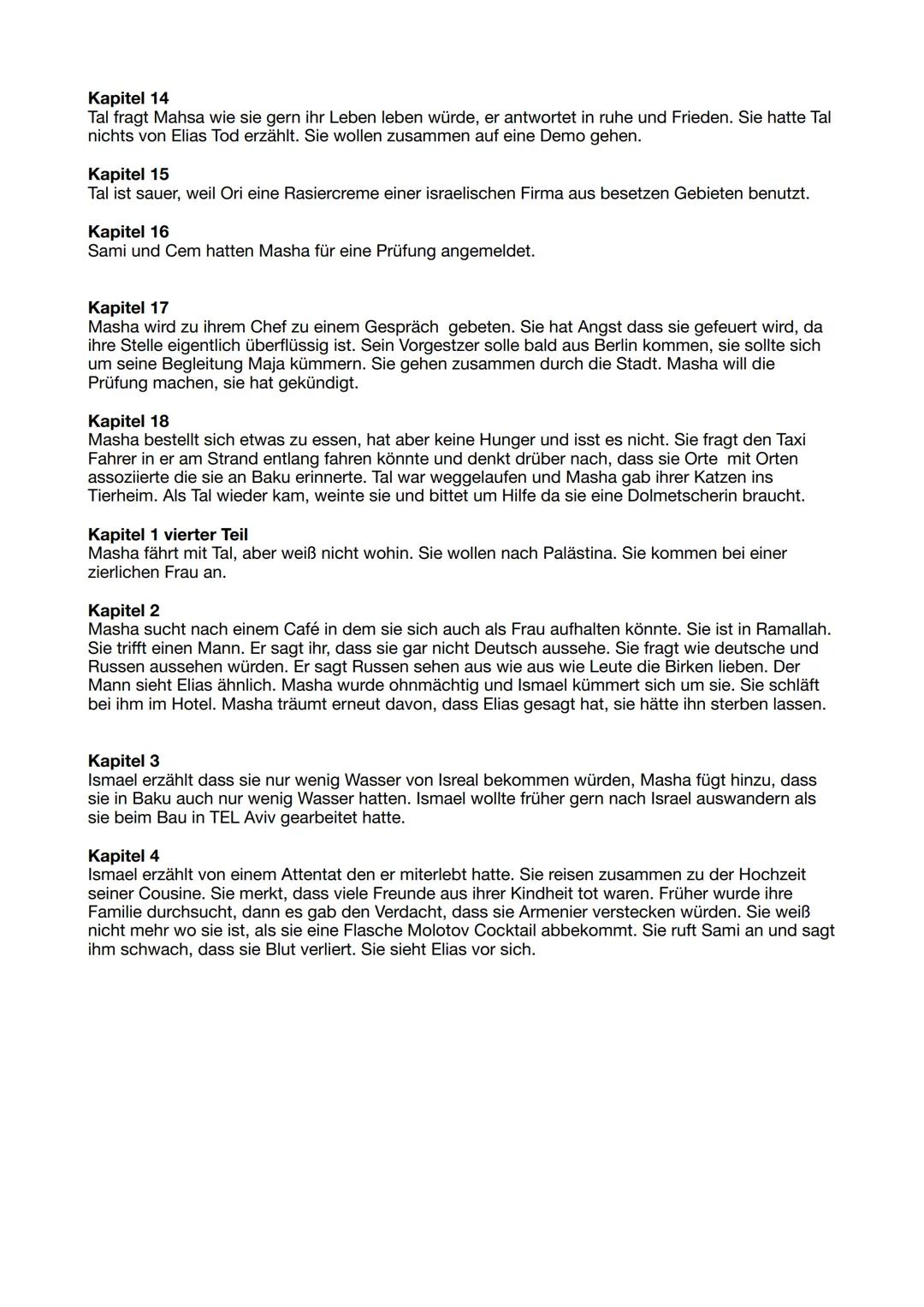 # Deutsch Lernzettel Vorabi
Zusammenfassung

Kapitel 1

Masha wacht auf und findet sich in dem Wohnzimmer einer heruntergekommen Wohnung.
Dr