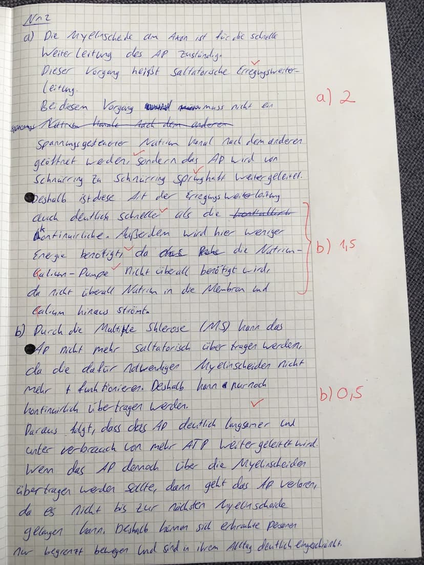 Punkte:
24,5130
Note:
12 su
05.12.2020
Name: Joe Stepan
Klausur Biologie
Myelinscheide
Aufgabe 1
(5.516 Punkten)
Entlang des Axons werden Er