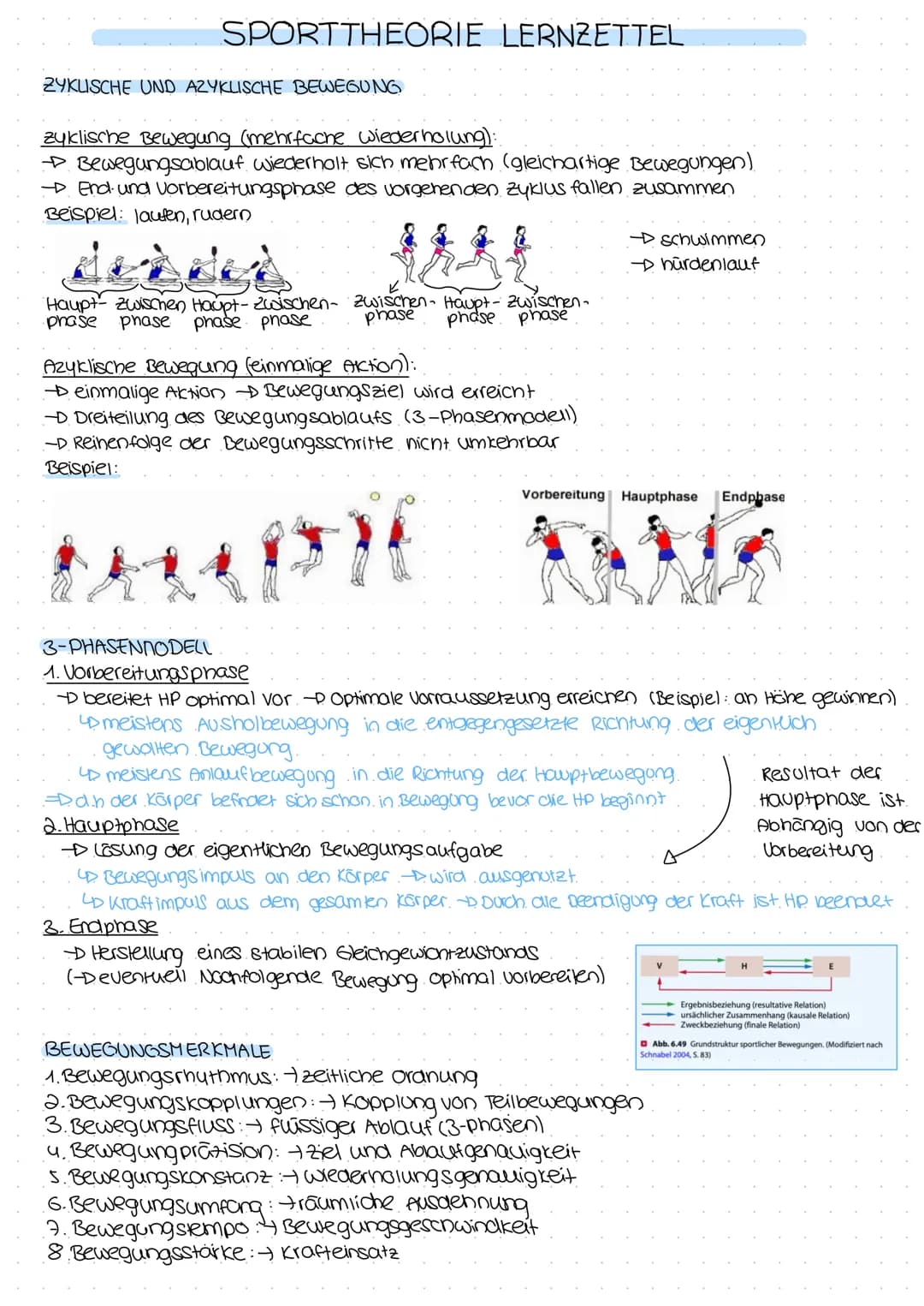 SPORTTHEORIE LERNZETTEL
ZYKUSCHE UND AZYKLISCHE BEWEGUNG
zyklische Bewegung (mehrfache wiederholung):
→→ Bewegungsablauf wiederholt sich meh