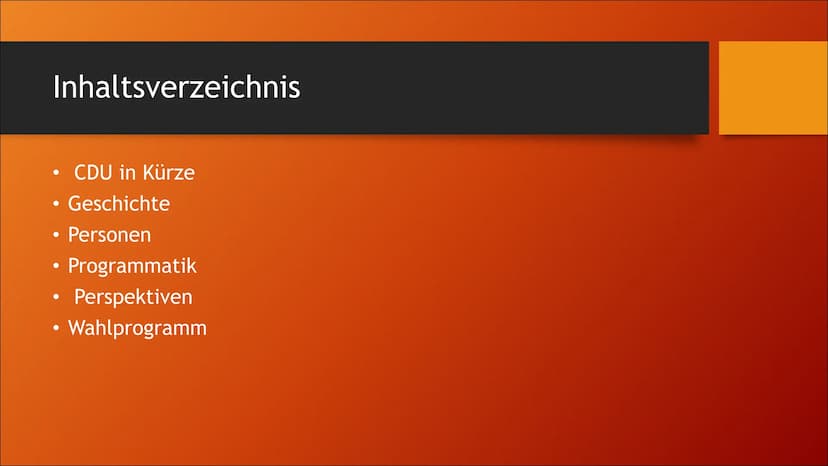 CDU Inhaltsverzeichnis
●
●
●
●
●
●
CDU in Kürze
Geschichte
Personen
Programmatik
Perspektiven
Wahlprogramm CDU in Kürze
• CDU- Christlich De