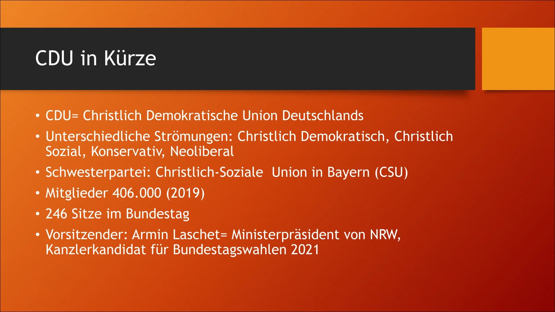 CDU Inhaltsverzeichnis
●
●
●
●
●
●
CDU in Kürze
Geschichte
Personen
Programmatik
Perspektiven
Wahlprogramm CDU in Kürze
• CDU- Christlich De