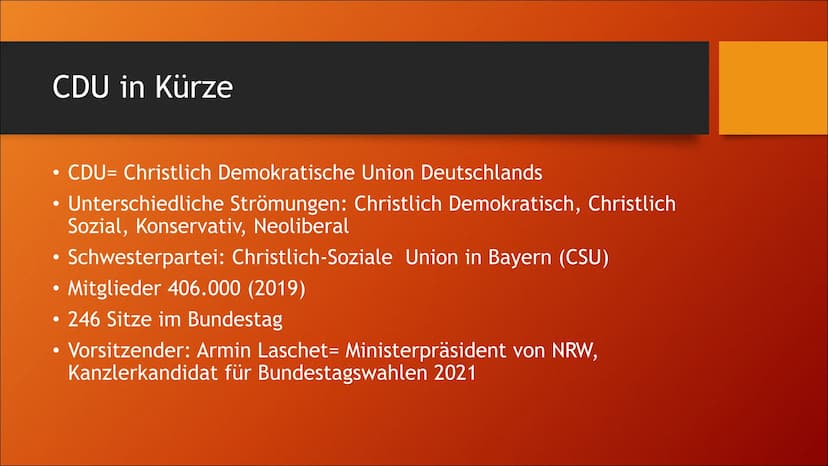 CDU Inhaltsverzeichnis
●
●
●
●
●
●
CDU in Kürze
Geschichte
Personen
Programmatik
Perspektiven
Wahlprogramm CDU in Kürze
• CDU- Christlich De