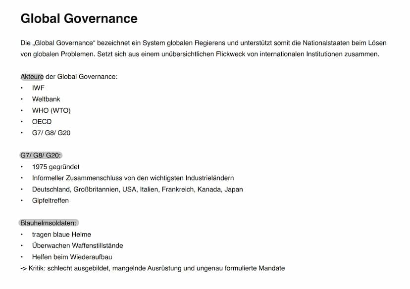 Globale Strukturen und Prozesse
Übersicht:
.
●
●
Globalisierung
Global Governance
Theorien der Friedenspolitik
Standortfaktoren
UNO
Vetorech