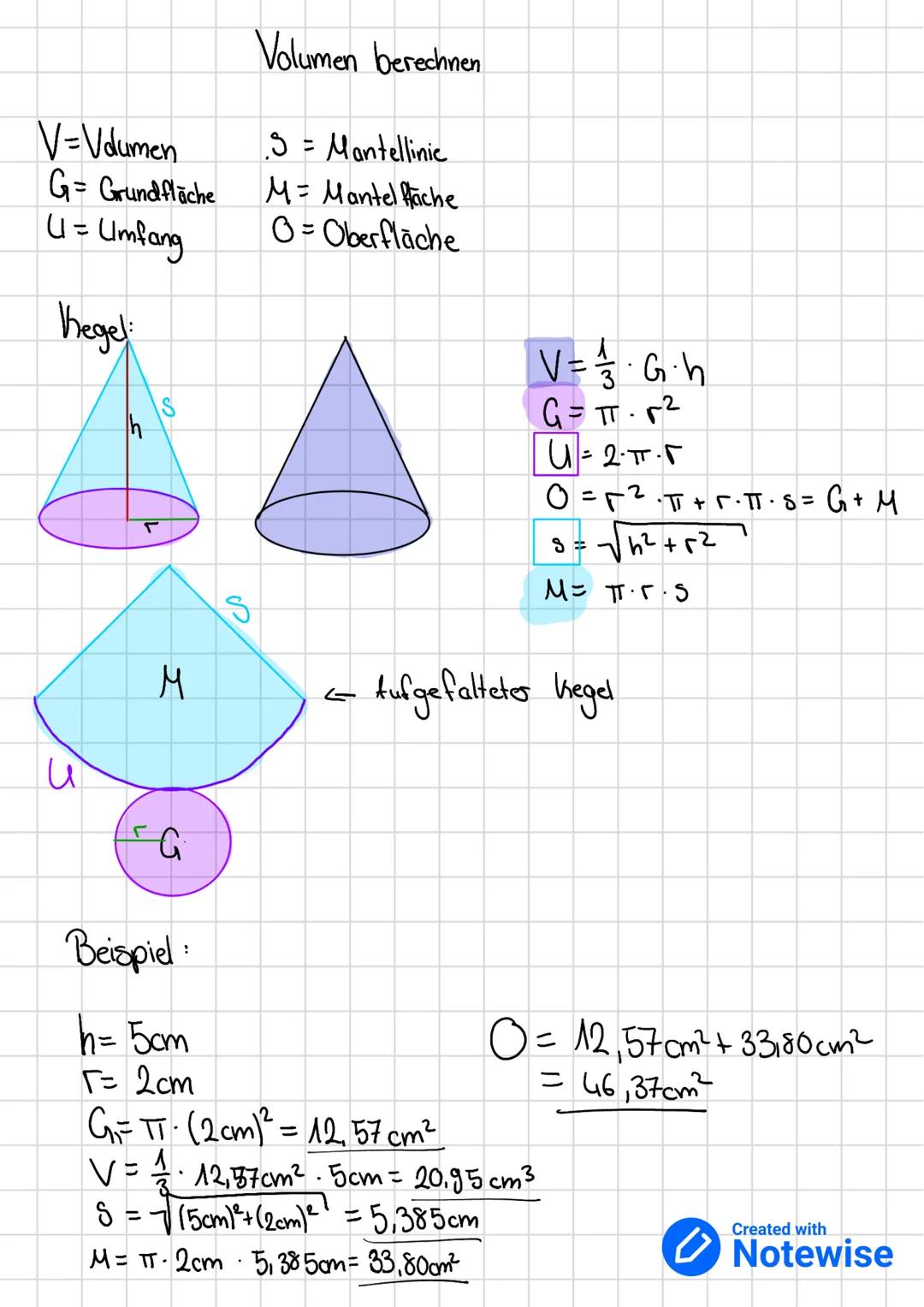 V=Volumen
G= Grundfläche
U = Umfang
Kegel
и
M
G
Beispiel:
h = 5cm
T= 2cm
S
Volumen berechnen
1.5 = Mantellinie
M= Mantel Hache
O=Oberfläche
