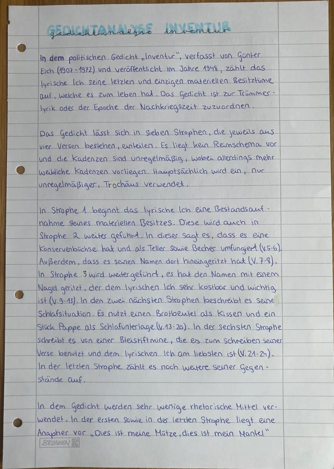 Gedichtanalyse  „Inventur” Günter Eich 1945