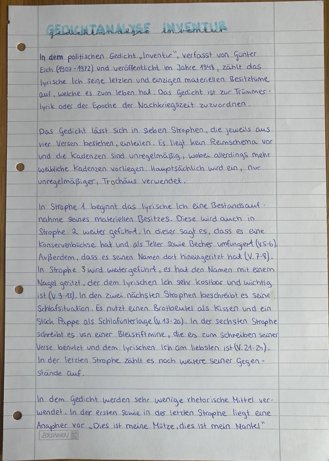 GEDICHTANAISE INVENTUR
In dem politischen Gedicht Inventur", verfasst von Günter
Eich (1907-1972) und veröffentlicht im Jahre 1948, zählt da