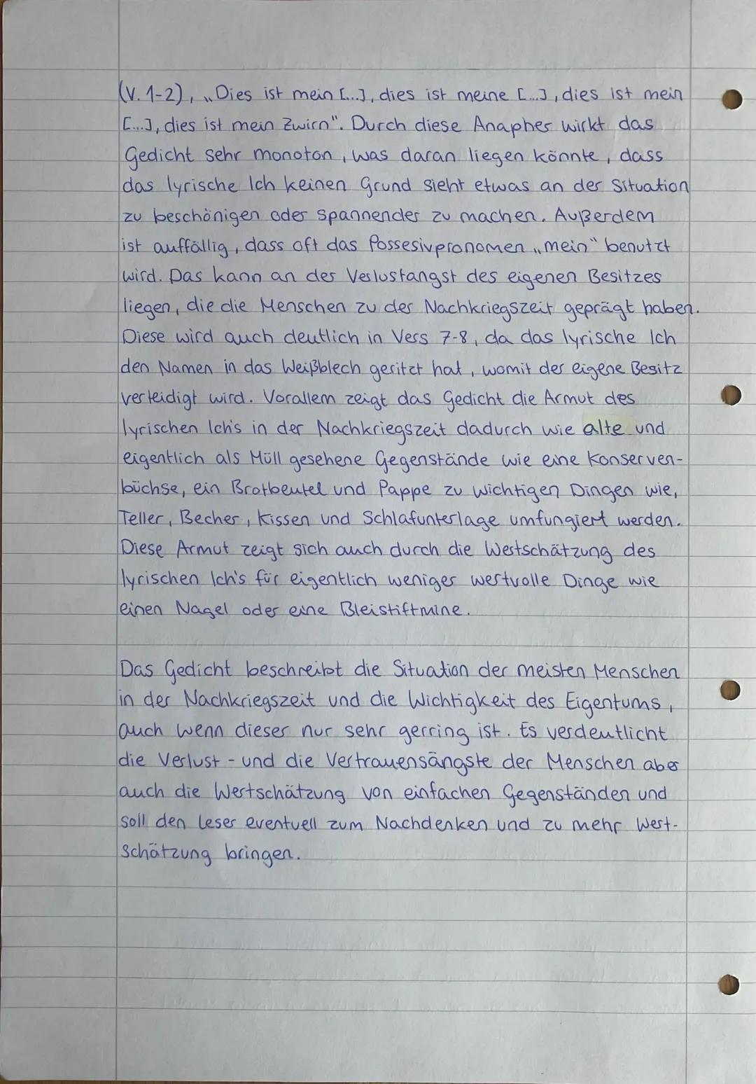 GEDICHTANAISE INVENTUR
In dem politischen Gedicht Inventur", verfasst von Günter
Eich (1907-1972) und veröffentlicht im Jahre 1948, zählt da