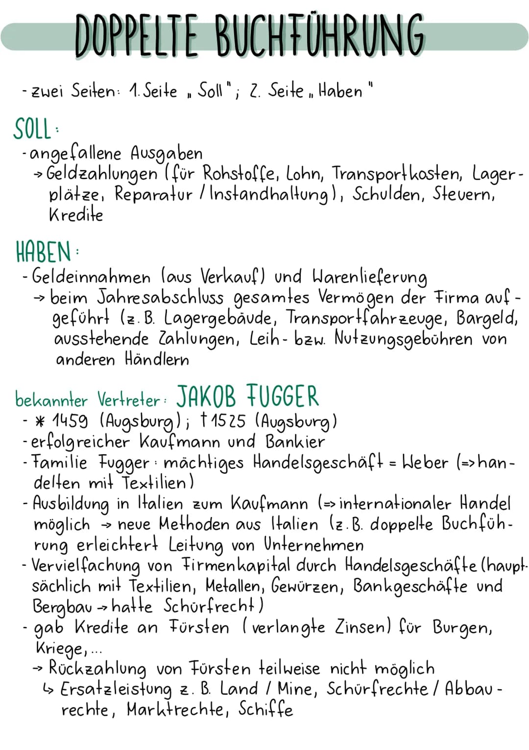 DOPPELTE BUCHFÜHRUNG
Zwei Seiten: 1. Seite, Soll"; 2. Seite, Haben
SOLL:
-angefallene Ausgaben
Geldzahlungen (für Rohstoffe, Lohn, Transport