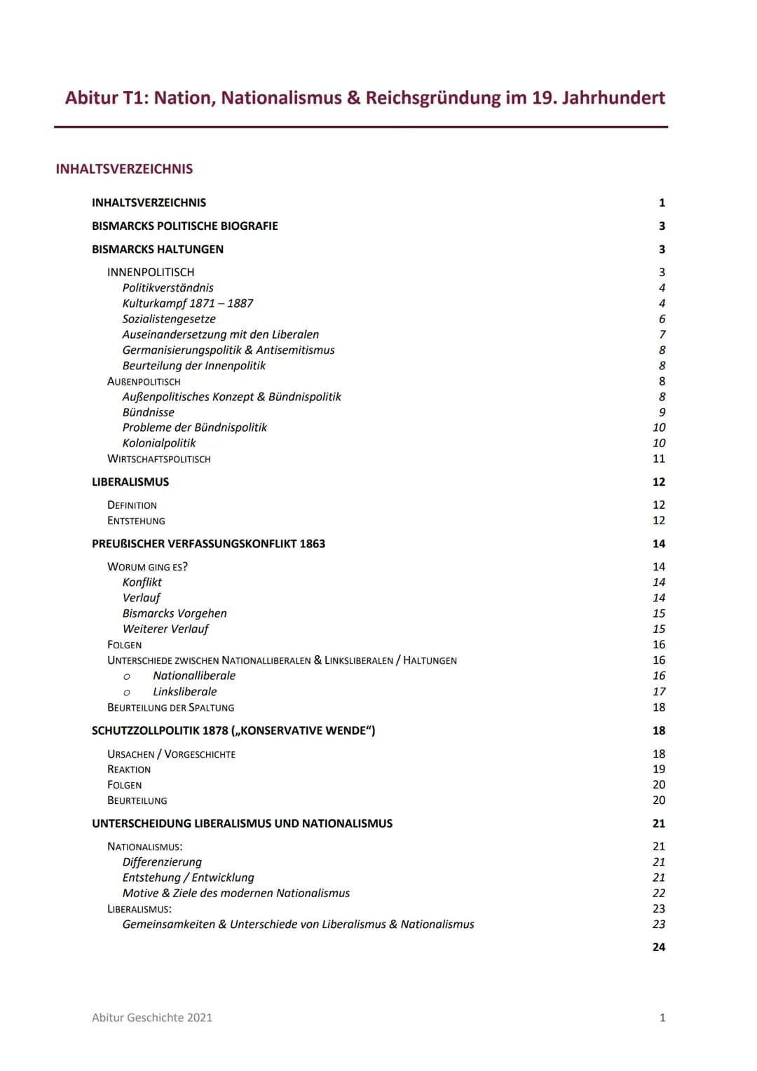 Abitur T1: Nation, Nationalismus & Reichsgründung im 19. Jahrhundert
INHALTSVERZEICHNIS
INHALTSVERZEICHNIS
BISMARCKS POLITISCHE BIOGRAFIE
BI
