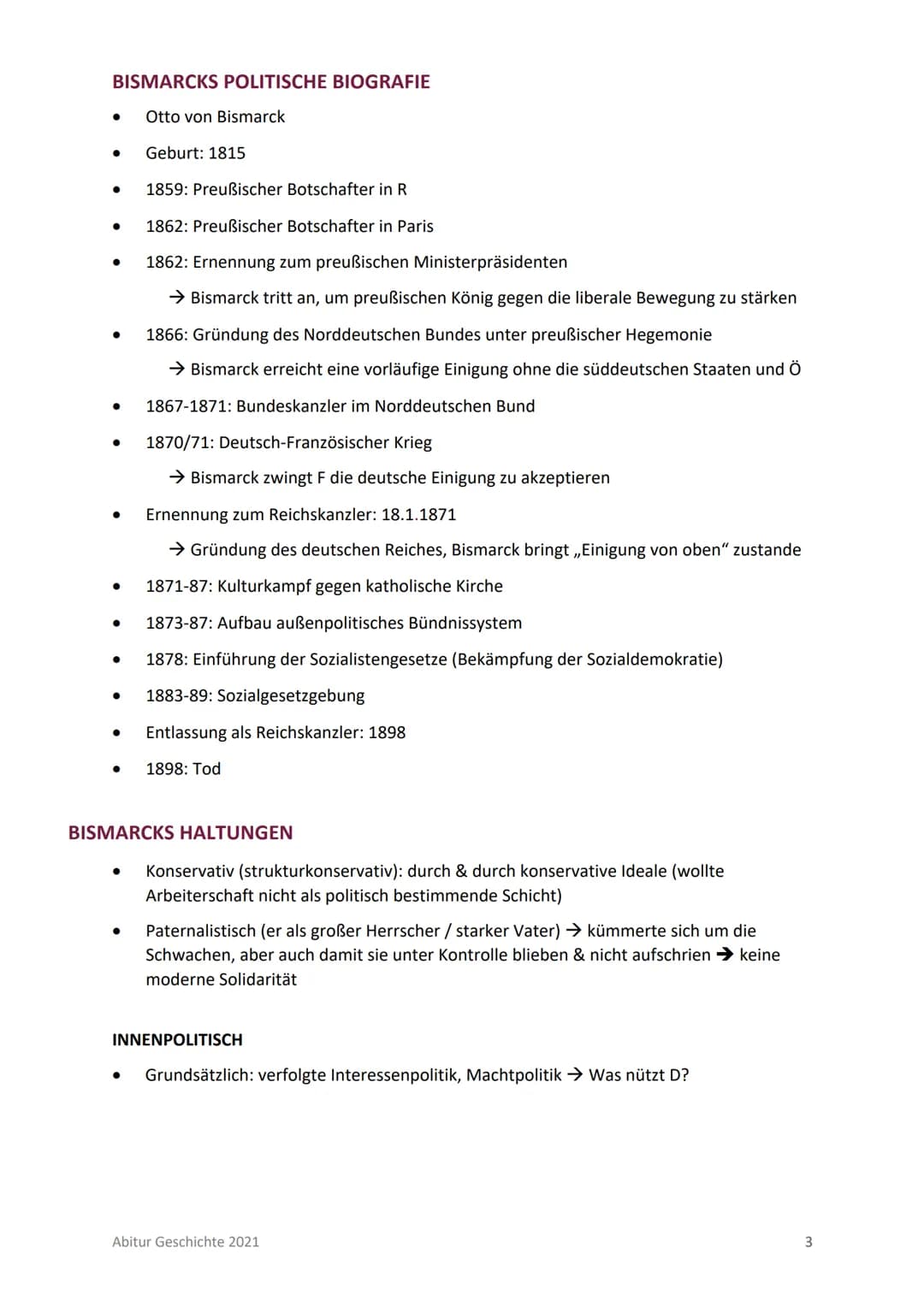Abitur T1: Nation, Nationalismus & Reichsgründung im 19. Jahrhundert
INHALTSVERZEICHNIS
INHALTSVERZEICHNIS
BISMARCKS POLITISCHE BIOGRAFIE
BI