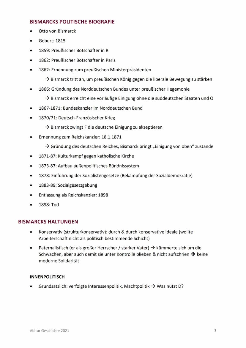 Abitur T1: Nation, Nationalismus & Reichsgründung im 19. Jahrhundert
INHALTSVERZEICHNIS
INHALTSVERZEICHNIS
BISMARCKS POLITISCHE BIOGRAFIE
BI