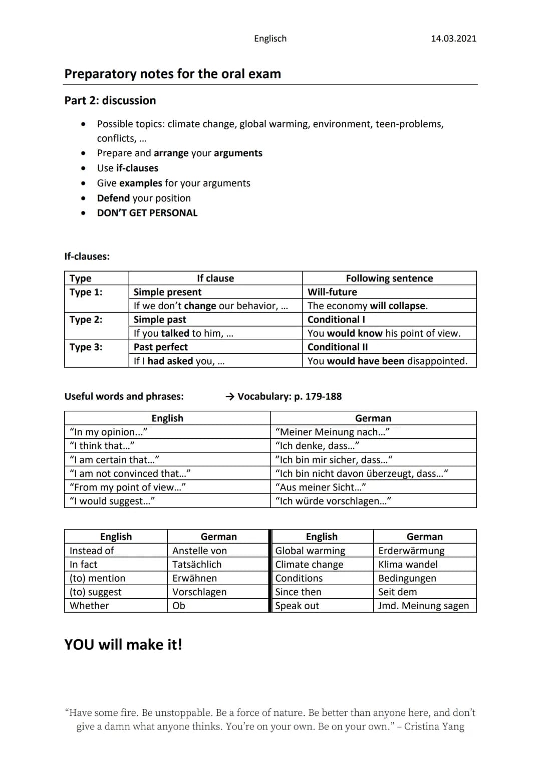Preparatory notes for the oral exam
Part 1: Picture description
●
●
Useful phrases and words:
English
"The picture is a photo/cartoon."
"The