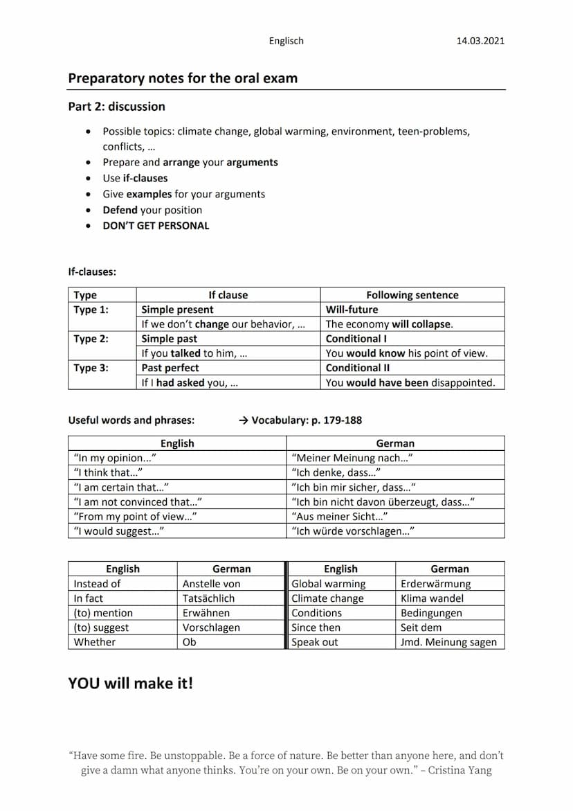 Preparatory notes for the oral exam
Part 1: Picture description
●
●
Useful phrases and words:
English
"The picture is a photo/cartoon."
"The