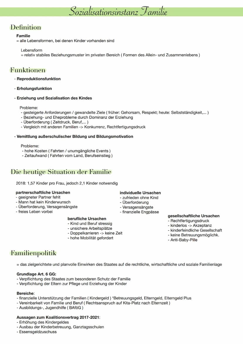 Sozialisationsinstanz Familie
Definition
Familie
= alle Lebensformen, bei denen Kinder vorhanden sind
Lebensform
= relativ stabiles Beziehun