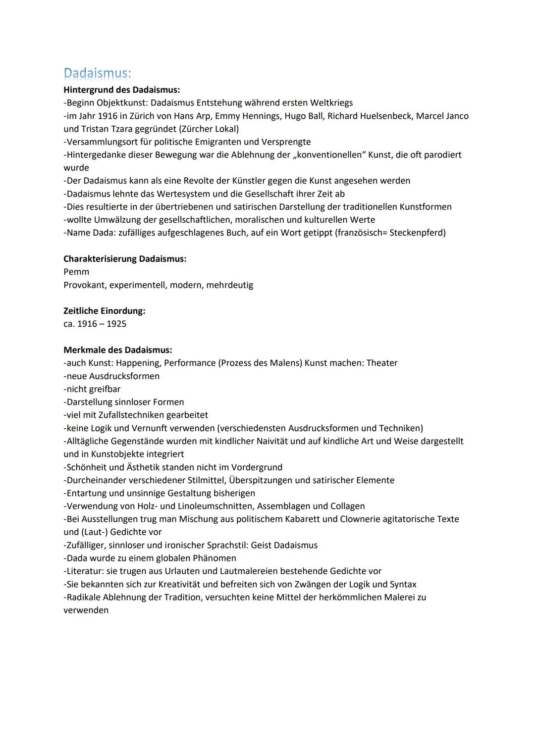 Dadaismus:
Hintergrund des Dadaismus:
-Beginn Objektkunst: Dadaismus Entstehung während ersten Weltkriegs
-im Jahr 1916 in Zürich von Hans A