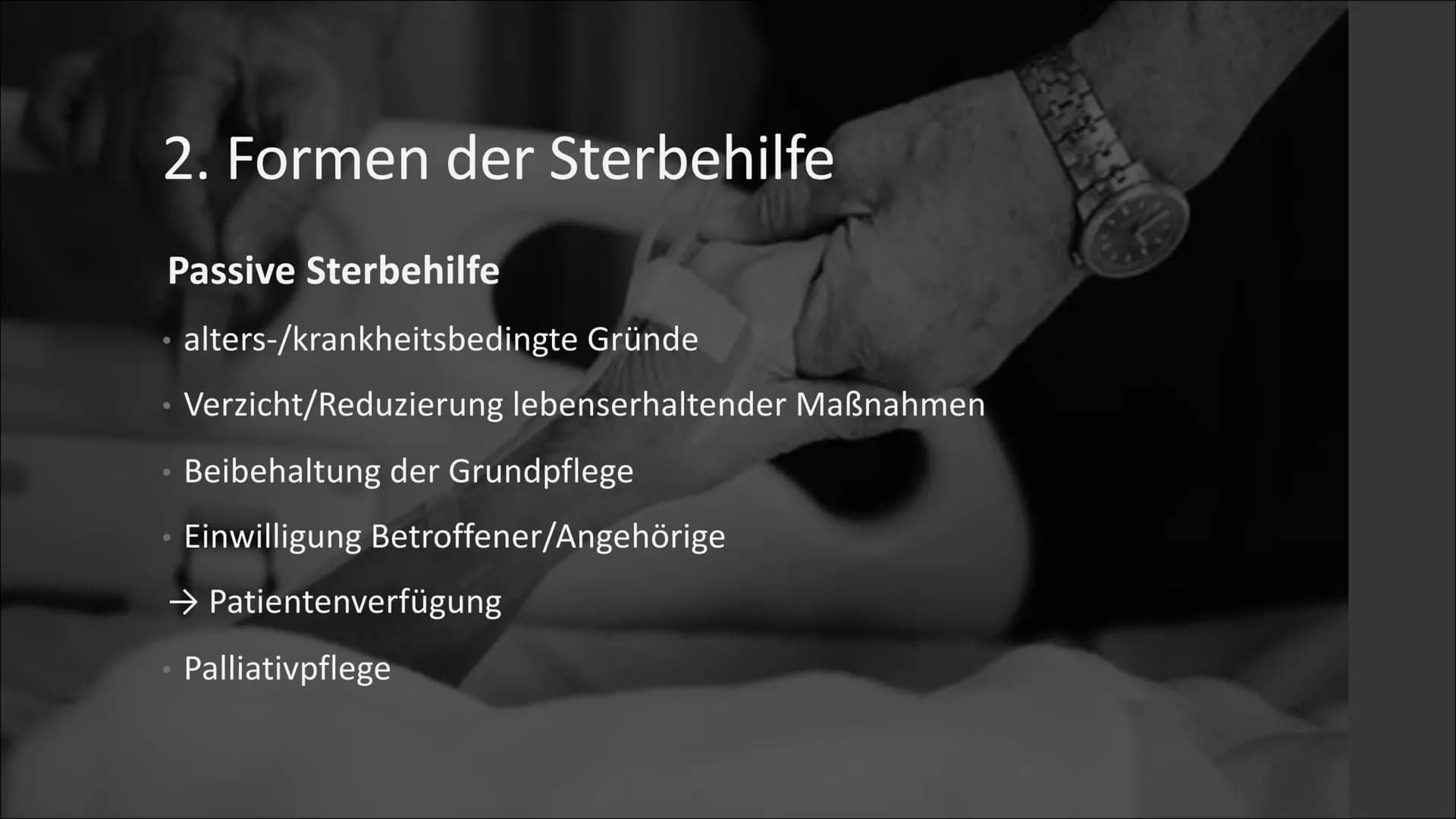 Sterbehilfe
Anita Sinkewitsch, re101 (ZIM) Gliederung
1.
Begriffserklärung Sterbehilfe
2. Formen der Sterbehilfe
3.
Patientenverfügung
4. Re