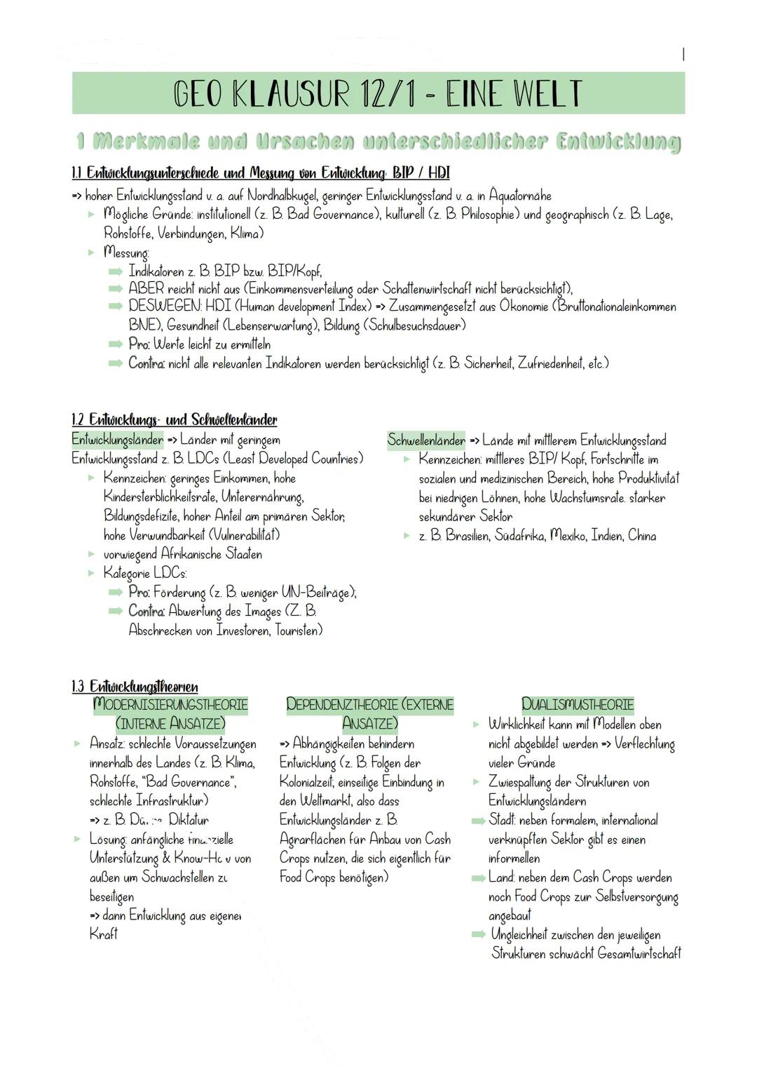 # GEO KLAUSUR 12/1 - EINE WELT

1 Merkmale und Ursachen unterschiedlicher Entwicklung

1.1 Entwicklungsunterschiede und Messung von Entwickl