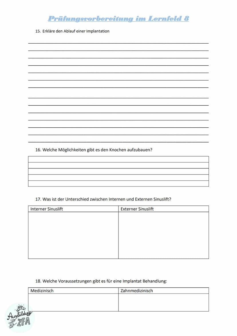 Prüfungsvorbereitung im Lernfeld 8
1. Nummeriere den Ablauf einer Wurzelspitzenresektion:
Wundverschluss
Bildung eines Muko-Periostlappens
L