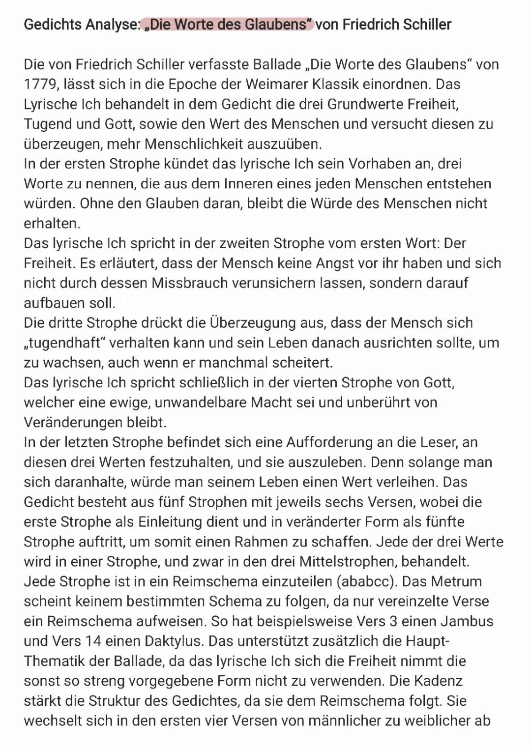 "die Worte des Glaubens" von Friedrich Schiller