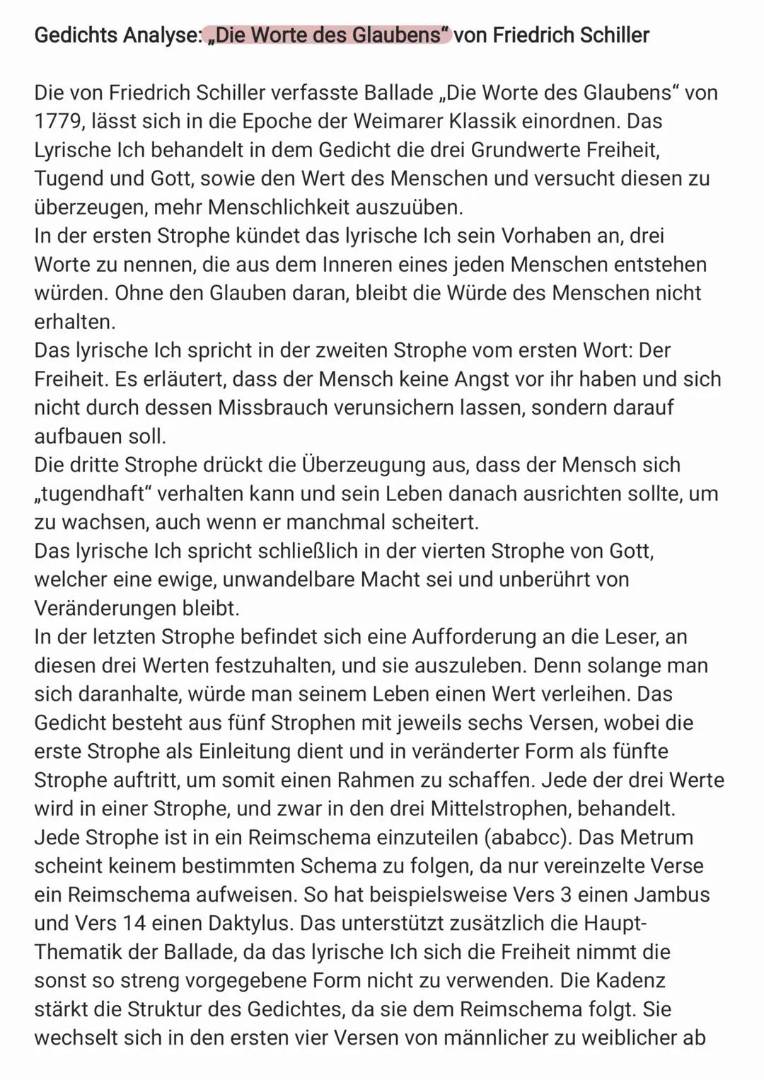 Gedichts Analyse: „Die Worte des Glaubens" von Friedrich Schiller
Die von Friedrich Schiller verfasste Ballade „Die Worte des Glaubens“ von
