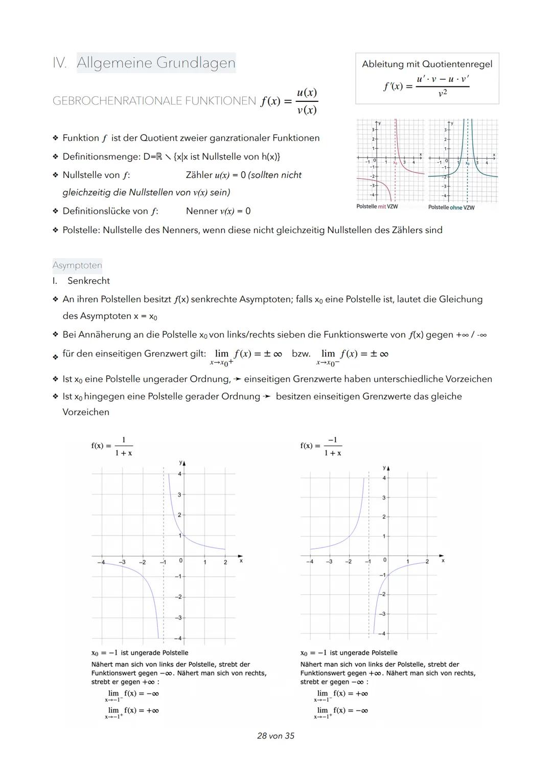 IV. Allgemeine Grundlagen
GEBROCHENRATIONALE FUNKTIONEN f(x) =
> Funktion f ist der Quotient zweier ganzrationaler Funktionen
→ Definitionsm