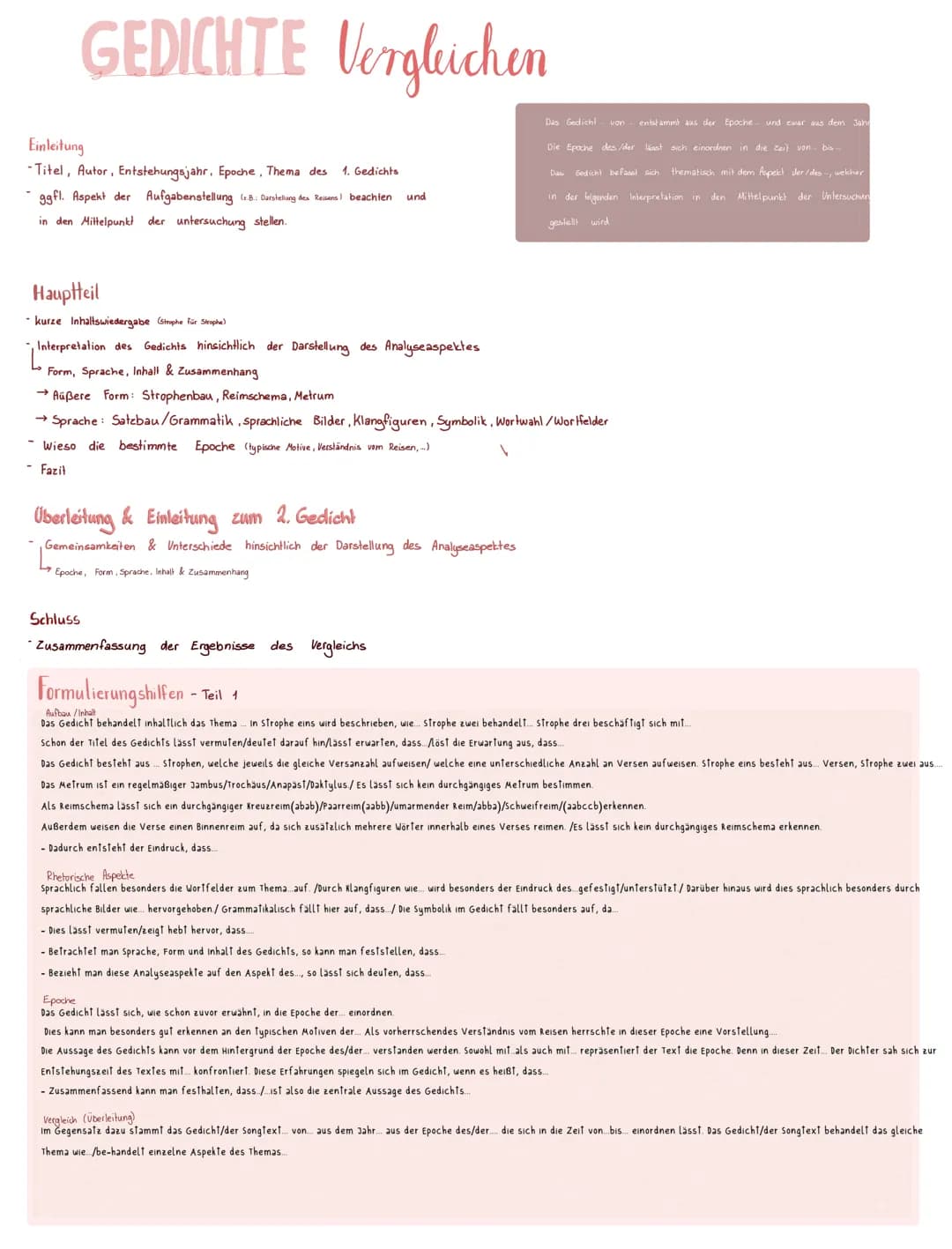 GEDICHTE Vergleichen
Einleitung
-Titel, Autor, Entstehungsjahr, Epoche, Thema des 1. Gedichts
ggfl. Aspekt der Aufgabenstellung (E.B.: Darst