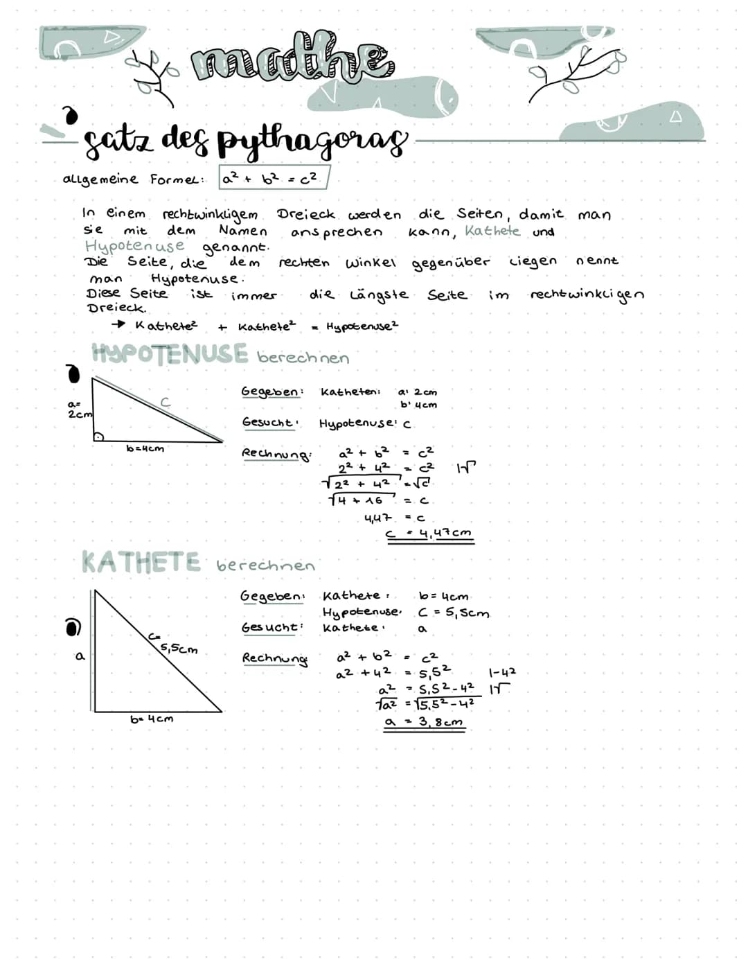 mathe
satz des pythagorag
allgemeine Formel:. a² + b² = c²
In einem rechtwinkligem Dreieck werden
dem
sie
mit
Namen
Hypotenuse genannt.
Die 