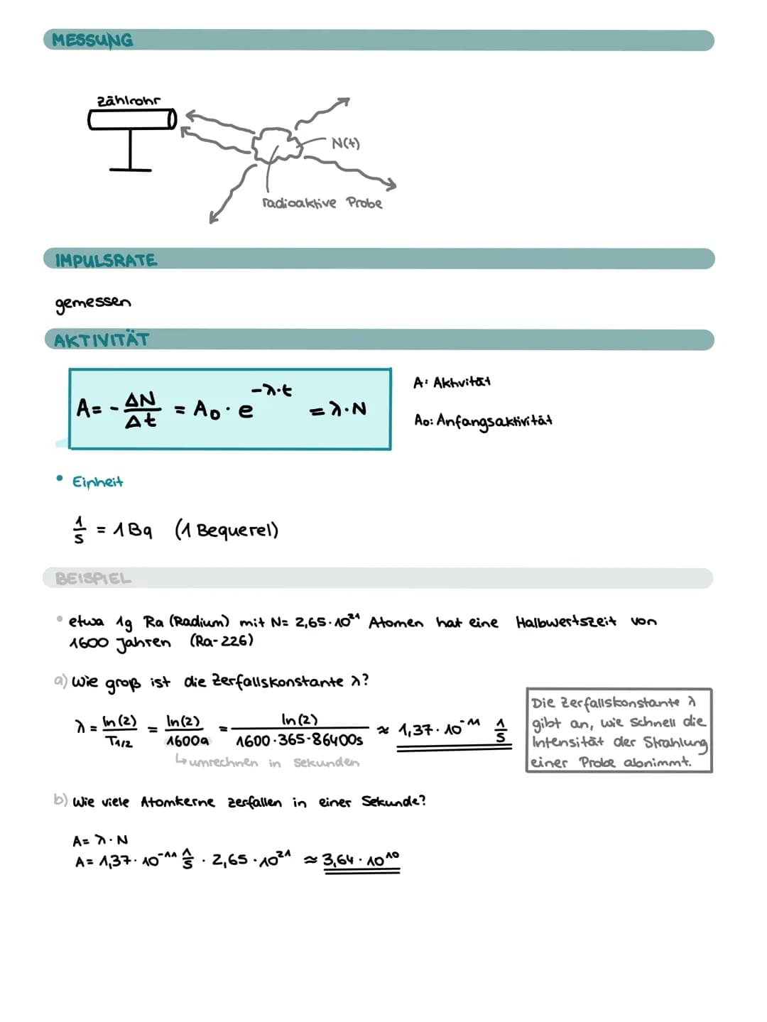 HALBWERTSZEIT
• T1/2 oder TH
gibt an, in welcher Zeit jeweils die Hälfte der vorhandenen Atomkerne zerfällt.
●
N
No
2N21=2100
T112
ZERFALLSG