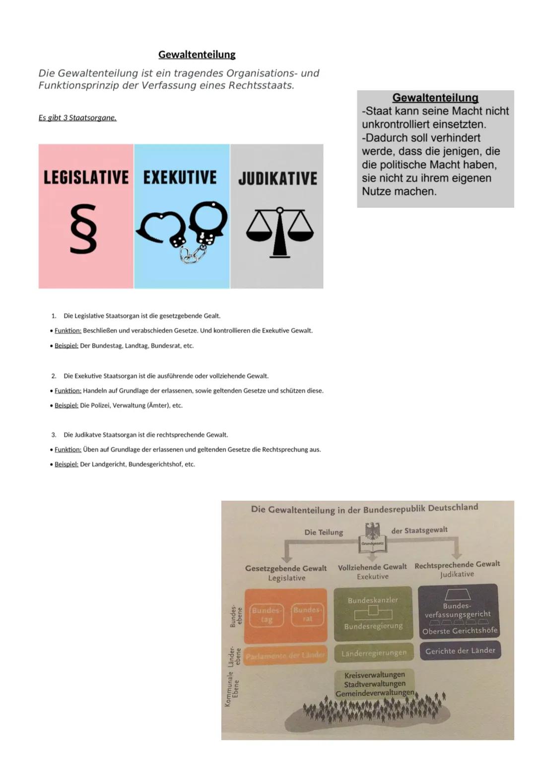 Gewaltenteilung
Die Gewaltenteilung ist ein tragendes Organisations- und
Funktionsprinzip der Verfassung eines Rechtsstaats.
Es gibt 3 Staat