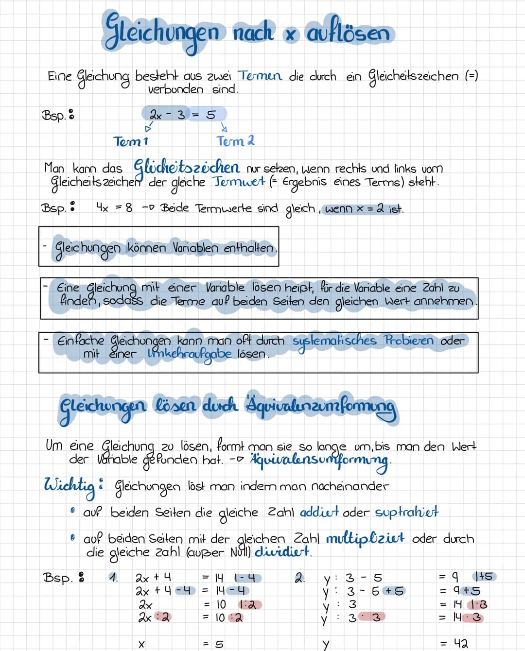Gleichungen nach & auflösen
Eine Gleichung besteht aus zwei Termen die durch ein Gleicheitszeichen (=)
verbunden sind.
Bsp.
Bsp.:
Tem 1
Man 