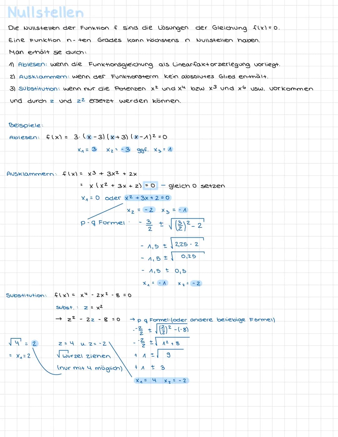 Nullstellen
Die Nullstellen der Funktion f sind die Lösungen der Gleichung f(x) = 0.
Eine Funktion n- ten Grades kann höchstens.
Man erhält 