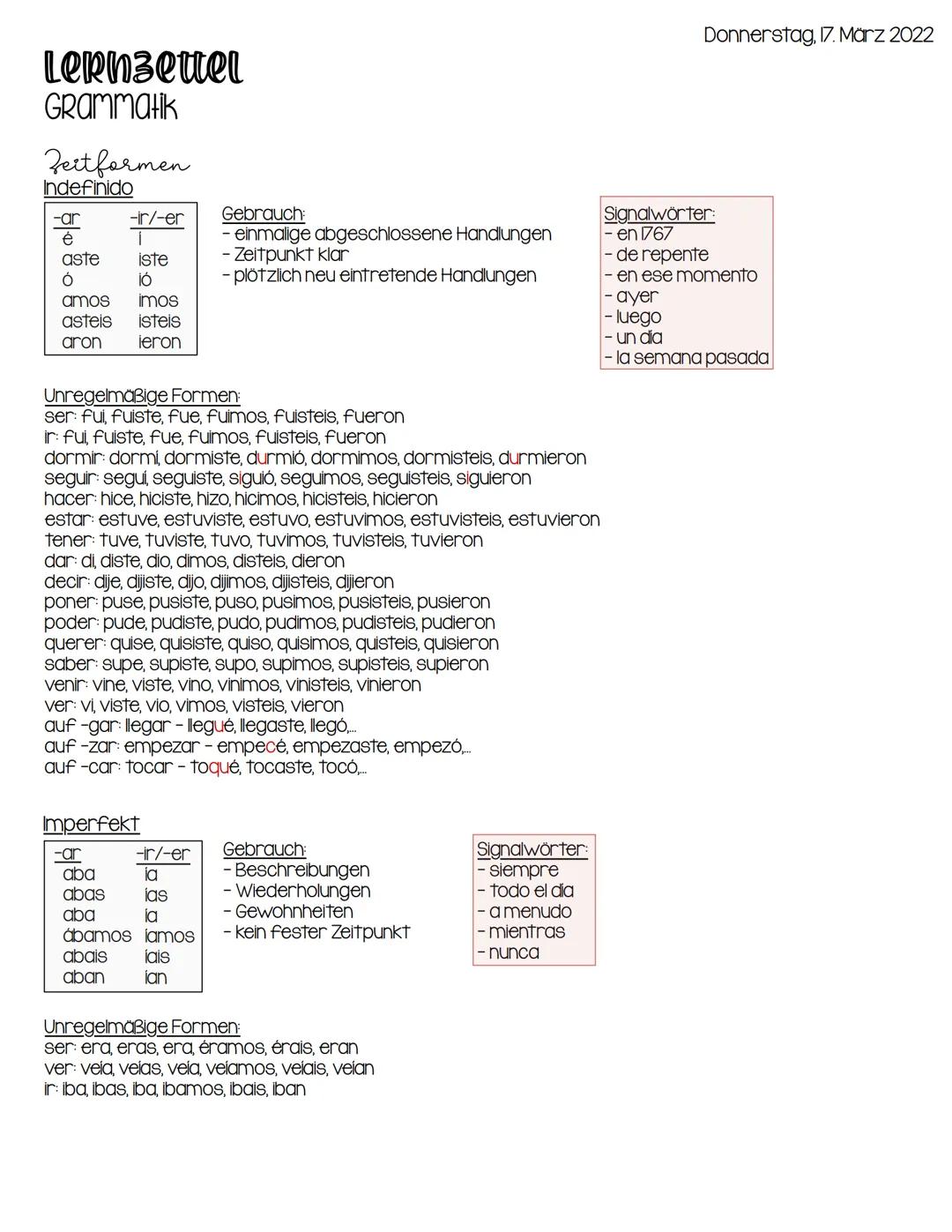 Lernzettel
Grammatik
Zeitformen
Indefinido
-er
aste
Ó
amos
asteis
imos
isteis
aron ieron
-ir/-er
ĺ
iste
ió
Unregelmäßige Formen:
ser: fui, f