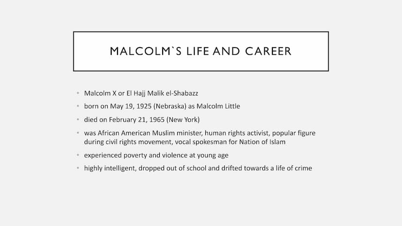 MALCOLM X
Presentation by Mareike Richter Malcolm X - Presentation by Mareike
Richter
Malcolm's life and career
Malcolm X or after his pilgr