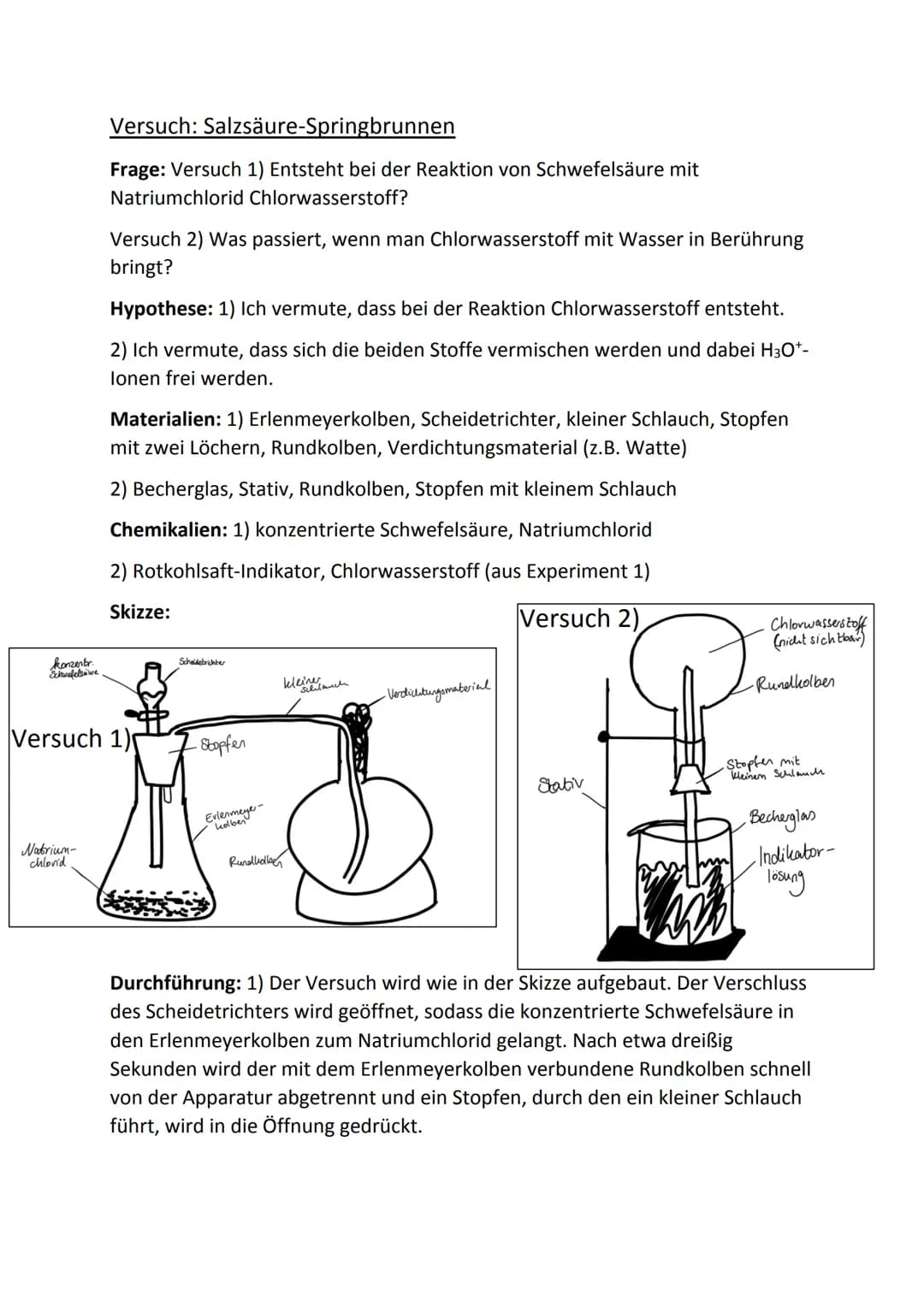 konzentr.
Schwefelswe
Versuch: Salzsäure-Springbrunnen
Frage: Versuch 1) Entsteht bei der Reaktion von Schwefelsäure mit
Natriumchlorid Chlo